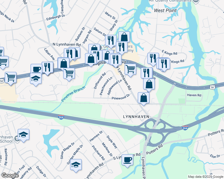 map of restaurants, bars, coffee shops, grocery stores, and more near 212 Applewood Lane in Virginia Beach