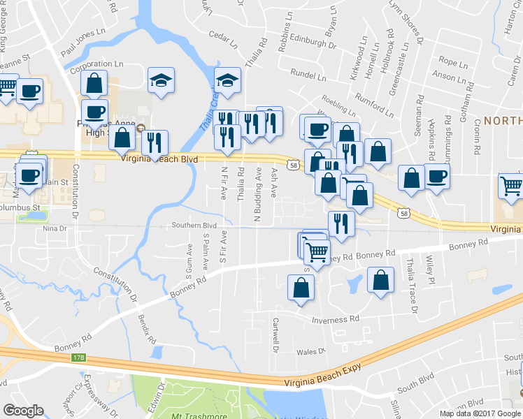map of restaurants, bars, coffee shops, grocery stores, and more near 114 North Budding Avenue in Virginia Beach