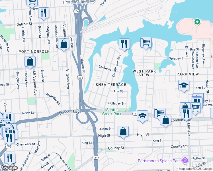 map of restaurants, bars, coffee shops, grocery stores, and more near 235 Idlewood Avenue in Portsmouth