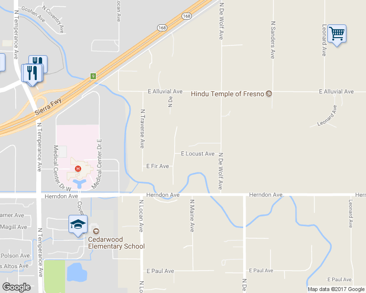 map of restaurants, bars, coffee shops, grocery stores, and more near 7266 North Maine Avenue in Clovis