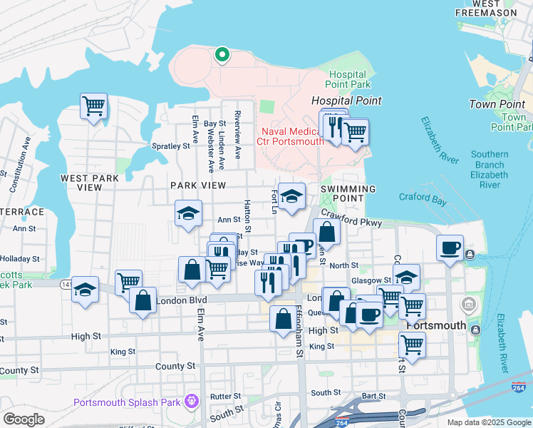 map of restaurants, bars, coffee shops, grocery stores, and more near in Portsmouth