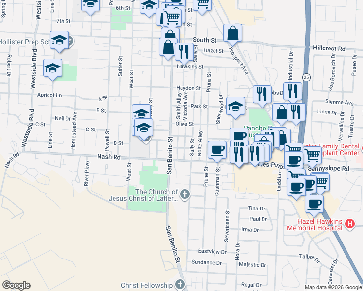 map of restaurants, bars, coffee shops, grocery stores, and more near 136 Palm Street in Hollister