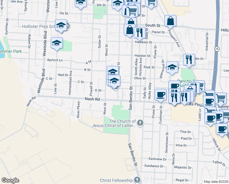 map of restaurants, bars, coffee shops, grocery stores, and more near 1199 Monterey Street in Hollister