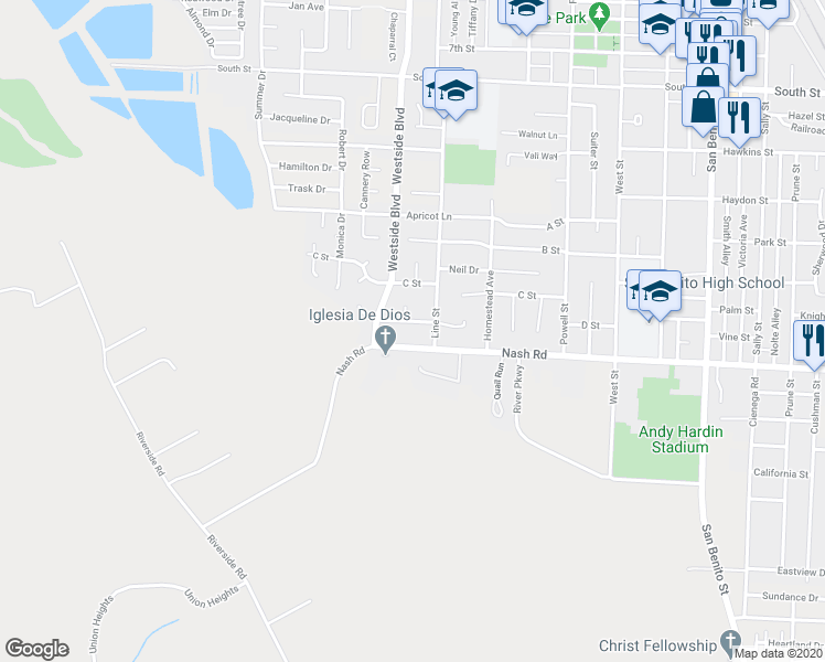 map of restaurants, bars, coffee shops, grocery stores, and more near 1350 Carmela Court in Hollister