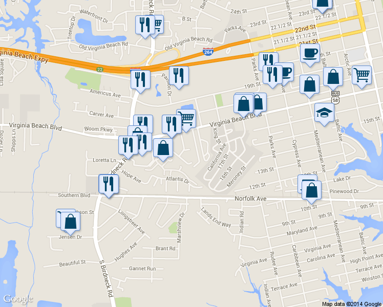 map of restaurants, bars, coffee shops, grocery stores, and more near 1014 Barnacle Court in Virginia Beach