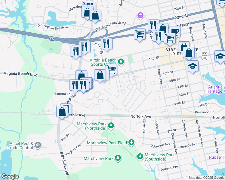map of restaurants, bars, coffee shops, grocery stores, and more near 1014 Barnacle Court in Virginia Beach