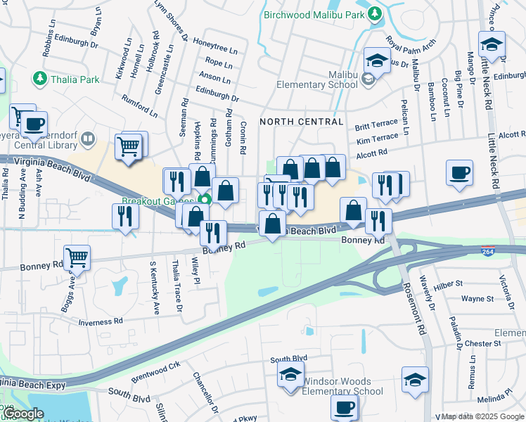 map of restaurants, bars, coffee shops, grocery stores, and more near 308 Caren Drive in Virginia Beach