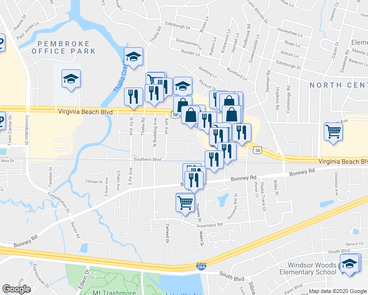 map of restaurants, bars, coffee shops, grocery stores, and more near 4174 Thalia Station Circle in Virginia Beach