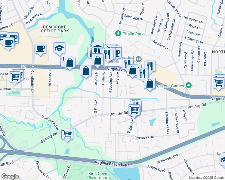 map of restaurants, bars, coffee shops, grocery stores, and more near 114 North Budding Avenue in Virginia Beach
