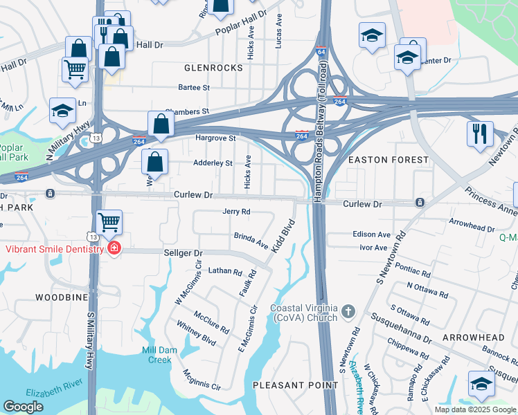 map of restaurants, bars, coffee shops, grocery stores, and more near 100 Glenrock Road in Norfolk