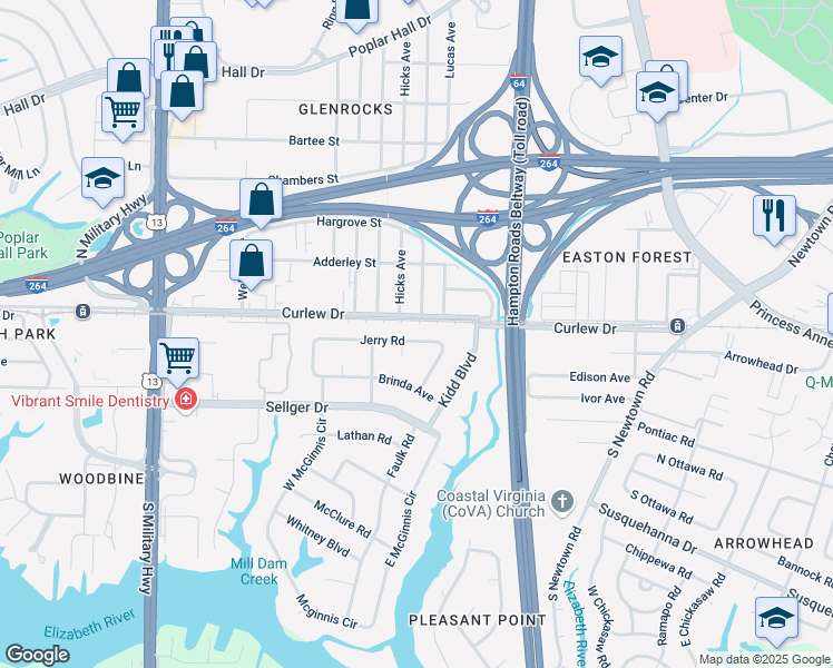 map of restaurants, bars, coffee shops, grocery stores, and more near 100 Glenrock Road in Norfolk