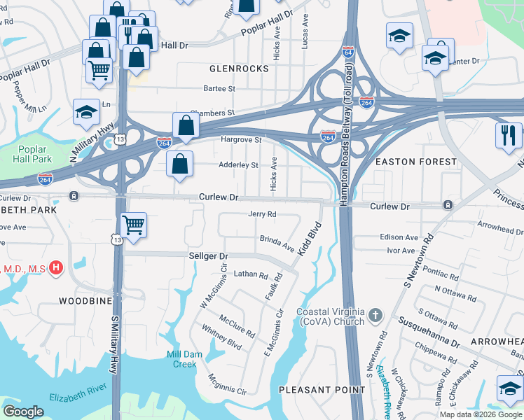 map of restaurants, bars, coffee shops, grocery stores, and more near 5916 Curlew Drive in Norfolk