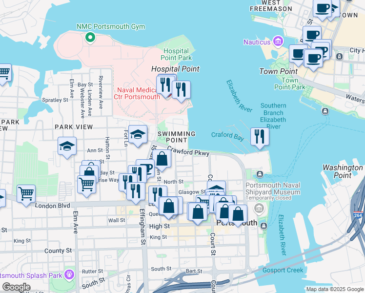 map of restaurants, bars, coffee shops, grocery stores, and more near in Portsmouth