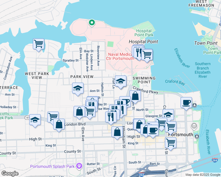 map of restaurants, bars, coffee shops, grocery stores, and more near in Portsmouth