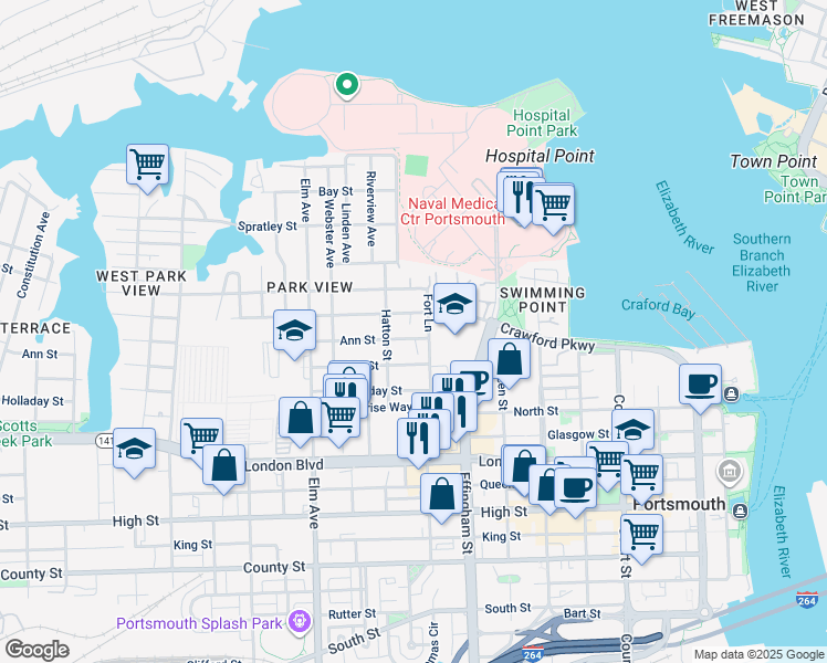 map of restaurants, bars, coffee shops, grocery stores, and more near in Portsmouth