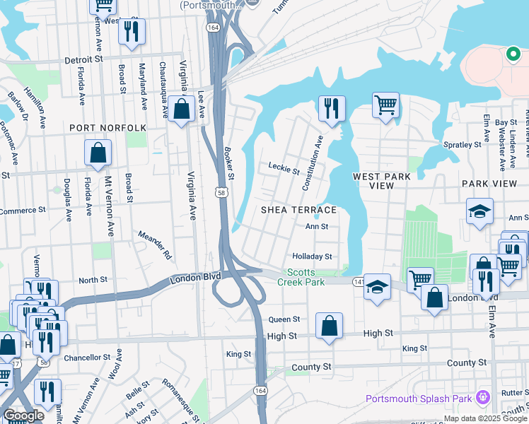 map of restaurants, bars, coffee shops, grocery stores, and more near 219 Sandpiper Drive in Portsmouth