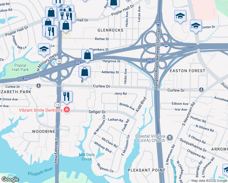 map of restaurants, bars, coffee shops, grocery stores, and more near 5928 Jerry Road in Norfolk