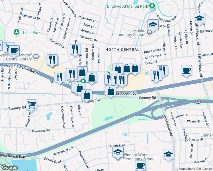map of restaurants, bars, coffee shops, grocery stores, and more near 308 Caren Drive in Virginia Beach