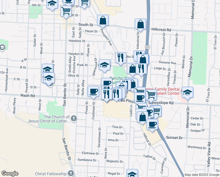 map of restaurants, bars, coffee shops, grocery stores, and more near 140 Gibson Drive in Hollister