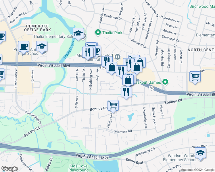 map of restaurants, bars, coffee shops, grocery stores, and more near 330 Thalia Station Court in Virginia Beach