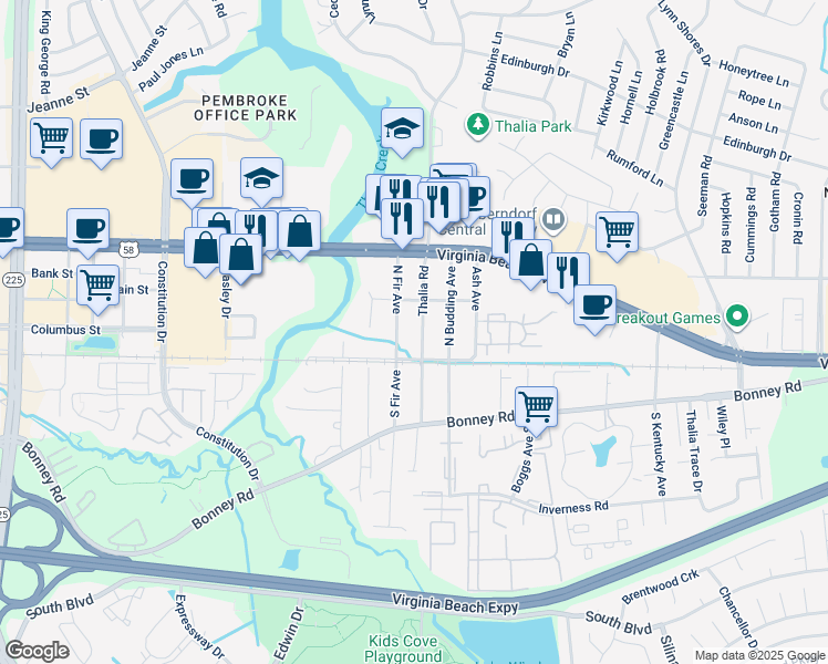 map of restaurants, bars, coffee shops, grocery stores, and more near 115 Thalia Road in Virginia Beach