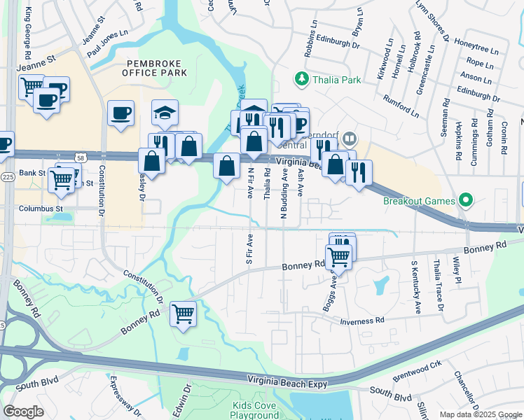 map of restaurants, bars, coffee shops, grocery stores, and more near 115 Thalia Road in Virginia Beach