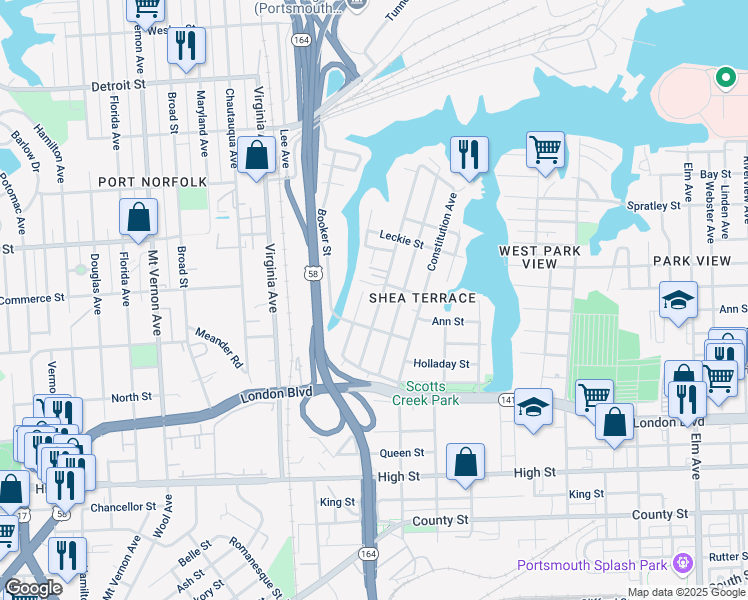 map of restaurants, bars, coffee shops, grocery stores, and more near 219 Sandpiper Drive in Portsmouth