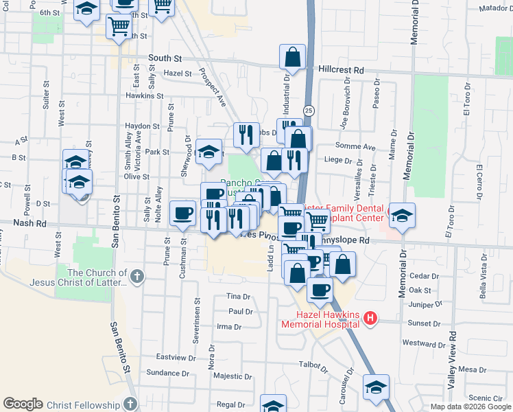 map of restaurants, bars, coffee shops, grocery stores, and more near 1390 Prospect Avenue in Hollister