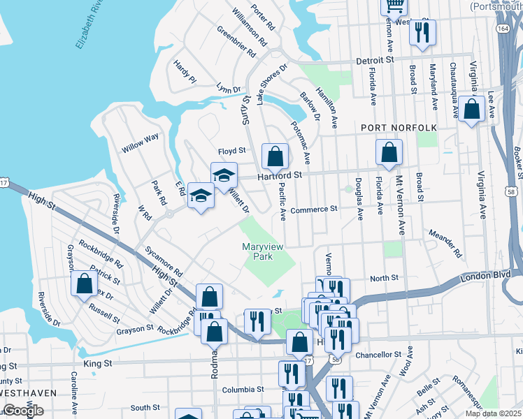 map of restaurants, bars, coffee shops, grocery stores, and more near 716 Lanier Crescent in Portsmouth