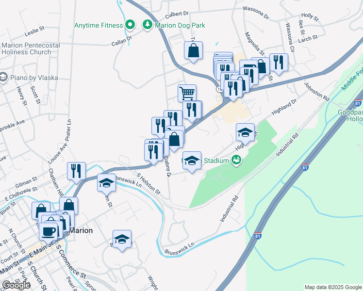 map of restaurants, bars, coffee shops, grocery stores, and more near 900 North Main Street in Marion