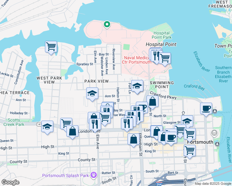 map of restaurants, bars, coffee shops, grocery stores, and more near 246 Hatton Street in Portsmouth