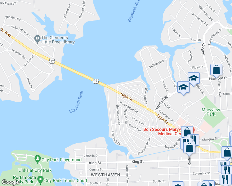 map of restaurants, bars, coffee shops, grocery stores, and more near 3931 High Street in Portsmouth