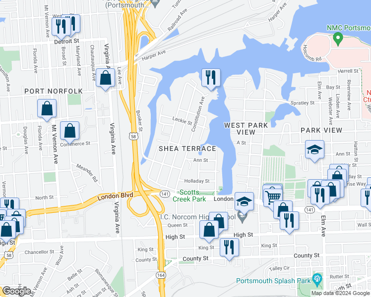 map of restaurants, bars, coffee shops, grocery stores, and more near 230 Constitution Avenue in Portsmouth