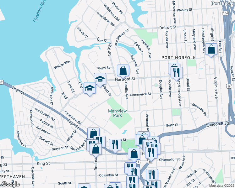 map of restaurants, bars, coffee shops, grocery stores, and more near 716 Lanier Crescent in Portsmouth