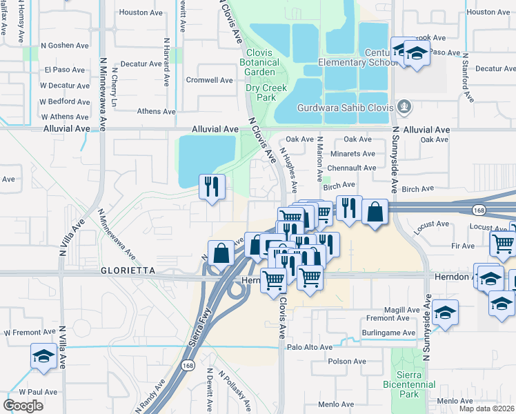 map of restaurants, bars, coffee shops, grocery stores, and more near 603 North Pollasky Avenue in Clovis