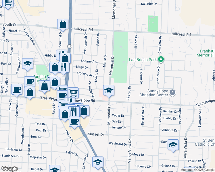 map of restaurants, bars, coffee shops, grocery stores, and more near 1360 Memorial Drive in Hollister