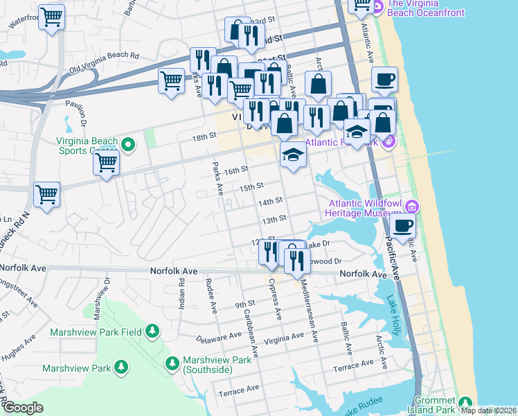map of restaurants, bars, coffee shops, grocery stores, and more near 1414 Cypress Avenue in Virginia Beach
