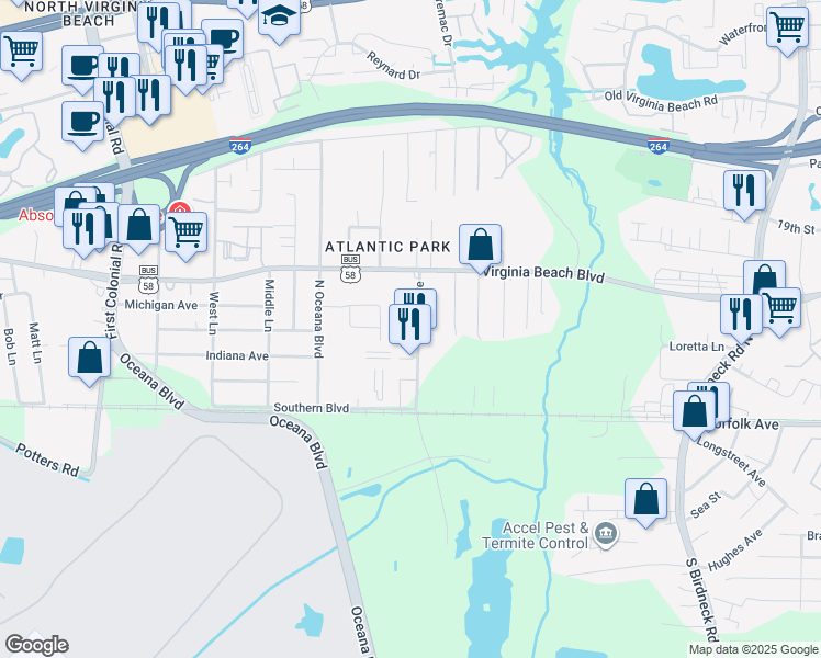 map of restaurants, bars, coffee shops, grocery stores, and more near 233 Sykes Avenue in Virginia Beach