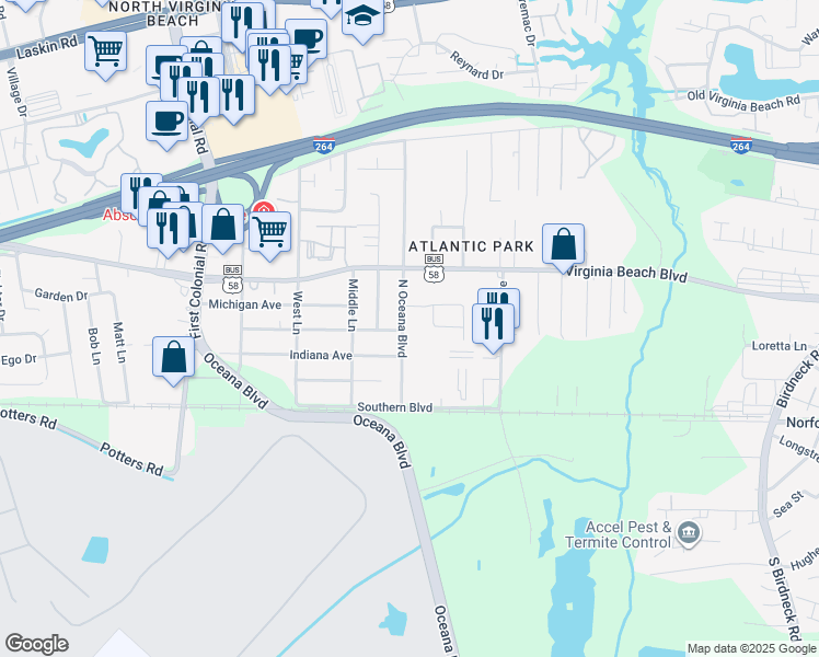map of restaurants, bars, coffee shops, grocery stores, and more near 1471 Hiteshew Place in Virginia Beach