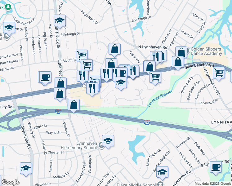 map of restaurants, bars, coffee shops, grocery stores, and more near 3205 Virginia Beach Boulevard in Virginia Beach