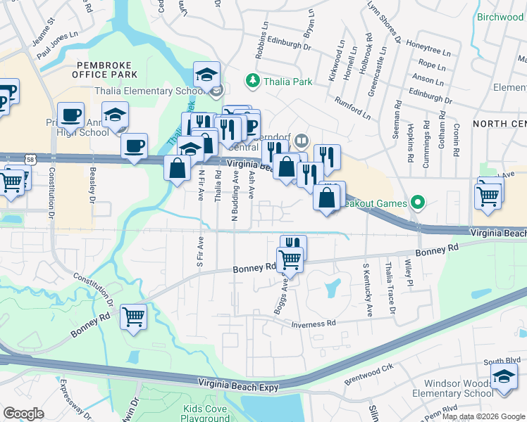 map of restaurants, bars, coffee shops, grocery stores, and more near 4110 Thalia Station Circle in Virginia Beach