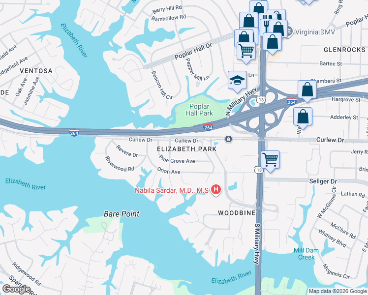 map of restaurants, bars, coffee shops, grocery stores, and more near 5439 Curlew Drive in Norfolk