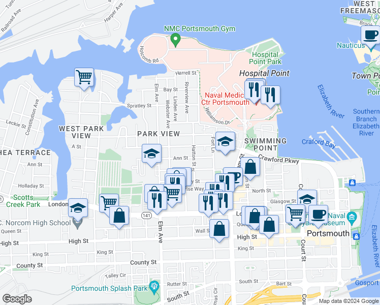 map of restaurants, bars, coffee shops, grocery stores, and more near 1034 Crawford Parkway in Portsmouth