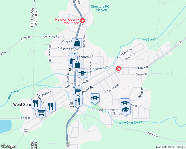 map of restaurants, bars, coffee shops, grocery stores, and more near 1101-1203 Delaware St in Seneca