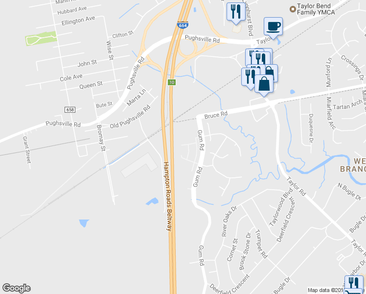 map of restaurants, bars, coffee shops, grocery stores, and more near 4601 Trapshoot Court in Chesapeake