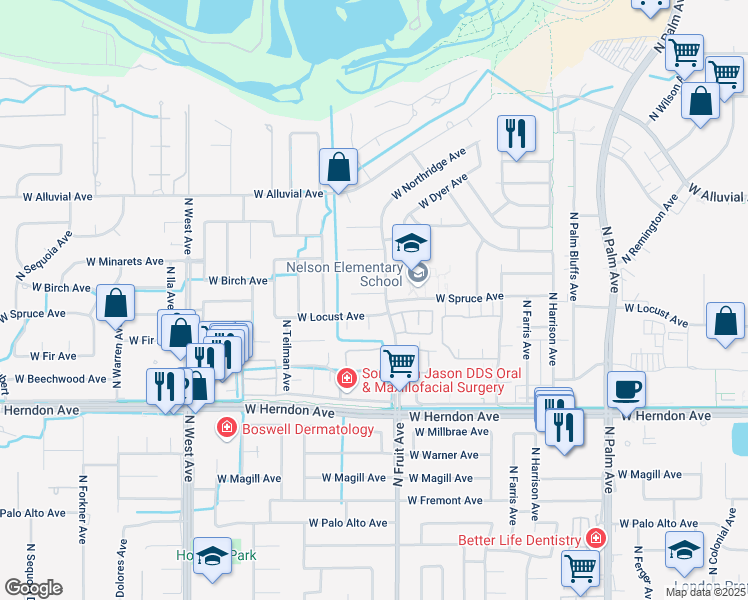 map of restaurants, bars, coffee shops, grocery stores, and more near 1426 West Spruce Avenue in Fresno