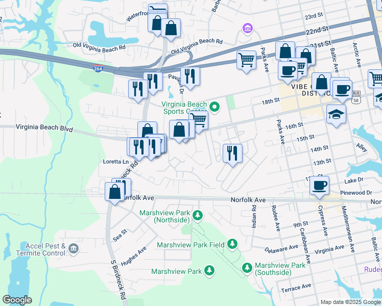 map of restaurants, bars, coffee shops, grocery stores, and more near 1046 Coastaway Drive in Virginia Beach