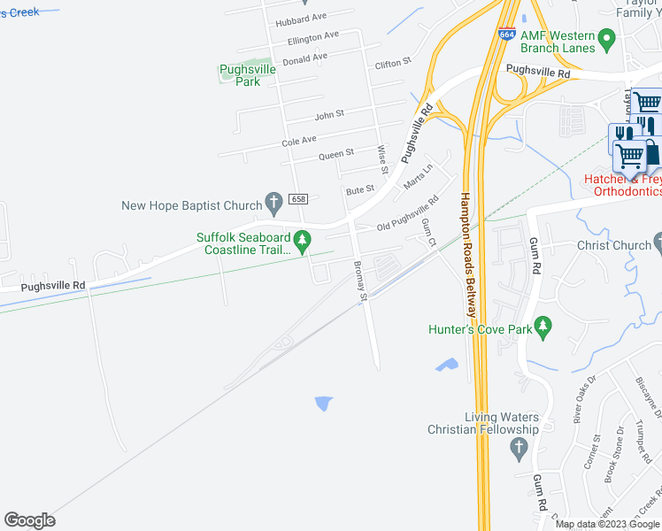 map of restaurants, bars, coffee shops, grocery stores, and more near 5221 Winery Drive in Chesapeake