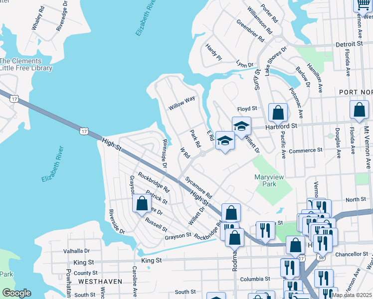 map of restaurants, bars, coffee shops, grocery stores, and more near 311 West Road in Portsmouth