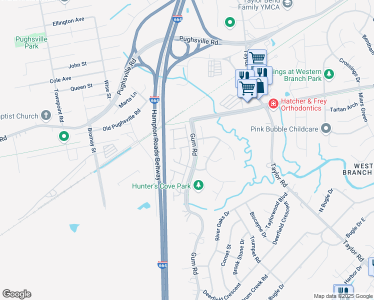 map of restaurants, bars, coffee shops, grocery stores, and more near 3016 Big Bend Drive in Chesapeake